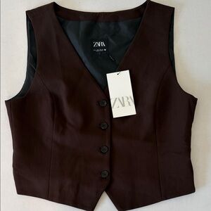 Zara Women’s Large Vest Sleeveless V-Neck Dark Brown Button Up Lined Fitted